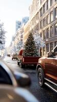 A car driving down a street with a christmas tree in the back photo
