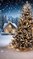 Christmas tree with golden ornaments in front of a house photo