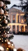 A christmas tree with gold ornaments in front of a house photo