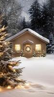Christmas house with christmas tree and snow photo