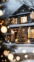 A house with lights on the front and a christmas tree photo