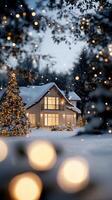 A house surrounded by candles in the snow photo