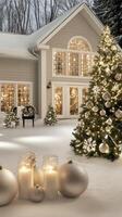 A house with a christmas tree and candles in the snow photo