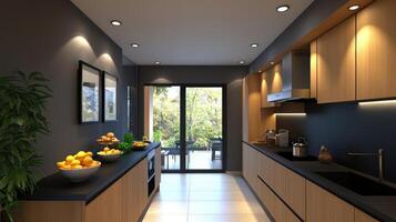 A modern kitchen with black cabinets and a long counter photo
