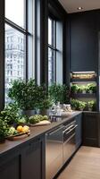A kitchen with black cabinets and a window photo