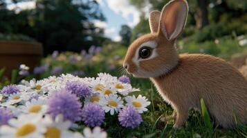 A small rabbit is standing in a field of flowers photo