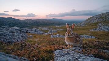 A rabbit sitting on the ground in the mountains photo
