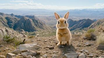 A small rabbit standing on top of a rocky hill photo