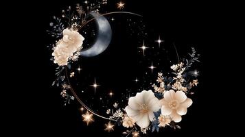 A moon and flowers in a circle on a black background photo