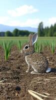 A rabbit sitting in the middle of a field photo