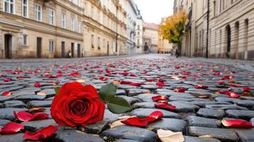 A red rose sits on the cobblestone street photo