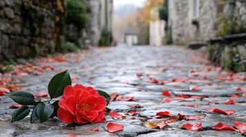 A red rose laying on the cobblestone street photo
