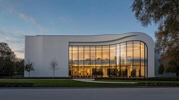 The building is made of white and has a curved glass wall photo