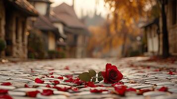 A rose is laying on the ground in a cobblestone street photo