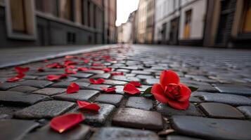A red rose laying on the cobblestone street photo