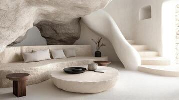 A living room with a stone wall and a couch photo