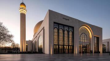 The mosque is lit up at dusk photo