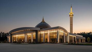 The exterior of a large mosque at dusk photo