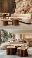 The lobby of the hotel is decorated with large trees photo