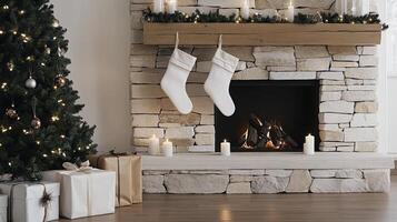 A fireplace with stockings and christmas decorations photo