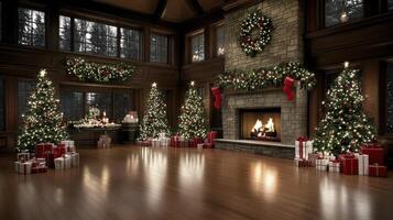Christmas tree in a living room with fireplace photo