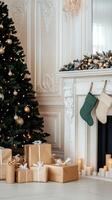 Christmas tree and presents in a room with a fireplace photo