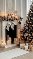 A fireplace with a christmas tree and stockings photo