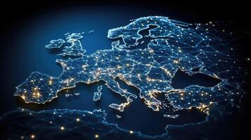 European union map with network lines and lights on dark background photo
