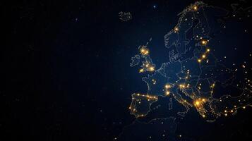 European union map with lights and city lights in the night sky photo