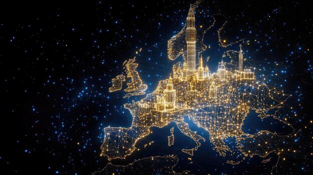 European union map with lights and stars photo