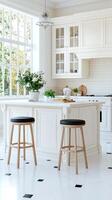 A white kitchen with black and white tiles photo