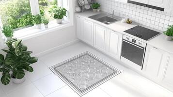 A kitchen with a white floor and a sink photo