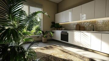 A kitchen with a large window and a rug photo