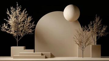 A white egg sitting on a pedestal in front of a tree photo
