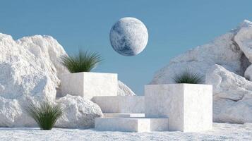 A white stone wall with plants and a moon in the sky photo