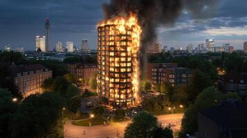 A burning building in the middle of a city photo