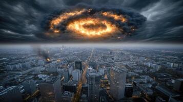 An explosion over a city with buildings in the background photo