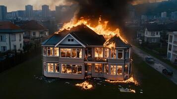 A house on fire in the middle of a city photo
