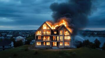 A house on fire with smoke coming out of it photo