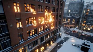 A building with fire coming out of the windows photo