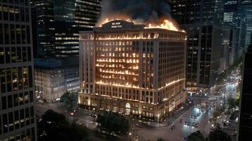 A fire is burning in the middle of a tall building photo