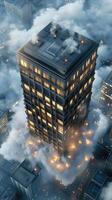 A skyscraper is surrounded by clouds photo