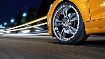 A close up of a car on the road at night photo