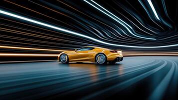 A sports car driving through a tunnel with light trails photo