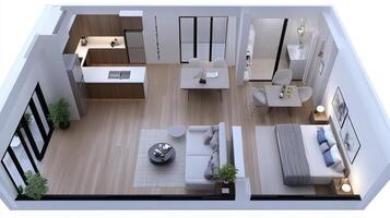 A 3d rendering of a small apartment photo