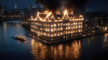 A burning building in the middle of a river photo
