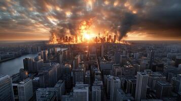 The sun is rising over a city with smoke coming out of it photo