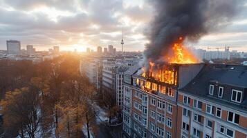 A fire is burning on the roof of a building photo