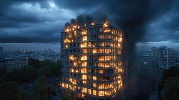 A building is burning in the middle of the night photo