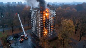 A fire is burning in a tall apartment building photo